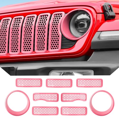 Image of JeCar Mesh Grill Inserts Headlight Cover Trim for Jeep Wrangler JL JLU 2024+ (Pink)