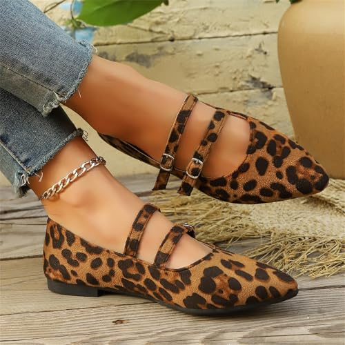 Women's Mary Jane Flats - Comfortable Leopard Ballet Shoes, Suede Slip-On Flats with Adjustable Strap, Closed Toe Dressy Shoes2