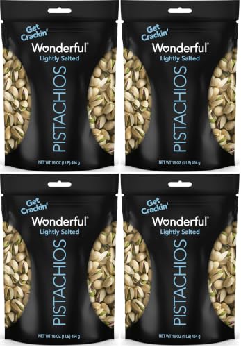 Wonderful Pistachios In Shell, Lightly Salted Nuts, 16 Ounce Resealable Bag, Protein Snacks, Gluten Free, Healthy Food, Office Snacks (Pack of 4)