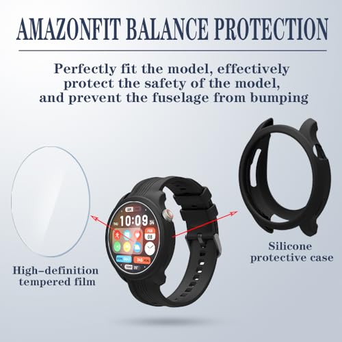 Image of SHUAXI Watch Screen Protector (3+2 Pack) Compatible for Amazfit Balance Tempered Glass Film Anti-Scratch High Definition Full Coverage and Silicone Protective Case