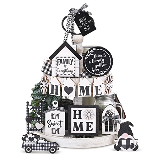 Kajaia 15 Pcs Farmhouse Tiered Tray Decor Rustic Wooden Sign Set
