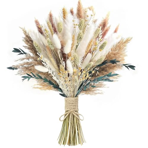 xin's convey 126pcs Dried Pampas Grass Decorations, Dried Flowers Bouquet, Reed Grass Bouquet for Boho Floral Wedding, Bedroom, Rustic Farmhouse Decor. (White)