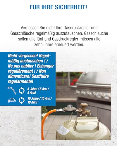 CFH Gasdruckregler Propan Gasflasche mit 80 cm Gasschlauch DRS 452 - Druckminderer 50 mbar, Eingang G.12 und Ausgang H.4 1/4\ gemäß EN 16129, DVGW zertifiziert, Ideal für Gasgrill und Camping Kocher