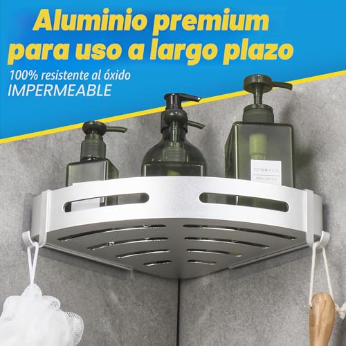 Miniatura 5 de Geruike Estanteria Ducha Estante Baño Sin Taladro Adhesivo Estantería Esquina Pared Organizador Baño Rinconera Ducha De Aluminio Plata 2 Piezas Cesta Ducha Soporte Para Champú Y Gel