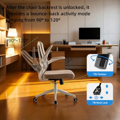 Image of Comfy Office Chair, Adjustable Lumbar Support Desk Chair, Khaki | Ergonomic Office Chair with Flip-up Armrests, 400LBS Capacity Breathable Mesh Computer Chair for Home Offices, Study, Gaming
