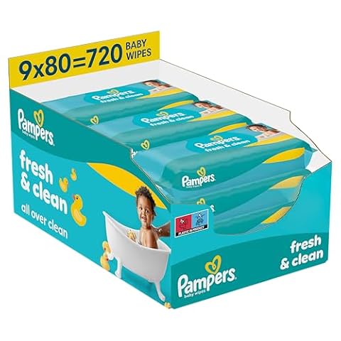 Pampers Fresh Clean Chusteczki Nawilżane Dla Dzieci, 9 Opakowania po 80 Chusteczek = 720 szt., Oczyszczanie Całego Ciała