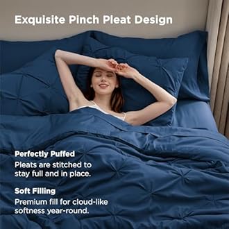 Bedsure Queen Comforter Set Navy - Bed in a Bag Queen Size Bedding 7 Pieces, GentleSoft™ Pintuck Bed Set Gift for Family, Pinch Pleat All Season Comforter with Sheets, Pillowcases & Shams
