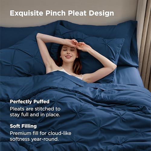 Bedsure Queen Comforter Set Navy - Bed in a Bag Queen Size Bedding 7 Pieces, GentleSoft™ Pintuck Bed Set Gift for Family, Pinch Pleat All Season Comforter with Sheets, Pillowcases & Shams