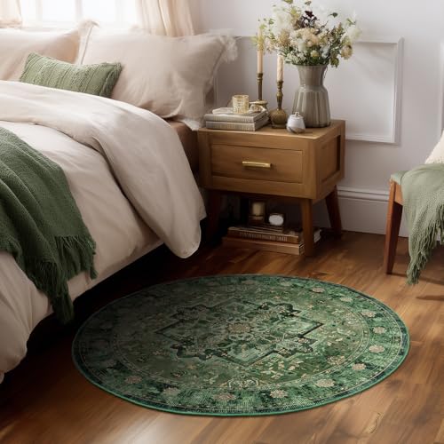 Image of Green Round Washable Rugs 5ft, Vintage Medallion 5 Feet Circle Rug for Living Room Under Coffee Table, Low Pile Thin Non Slip 5x5 Round Area Rug Carpet for Dining Room /Bedroom /Entry