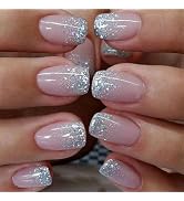 Powder Press on Nails short square Fake Nails with Glitter Powder Design Silver White French Tip ...