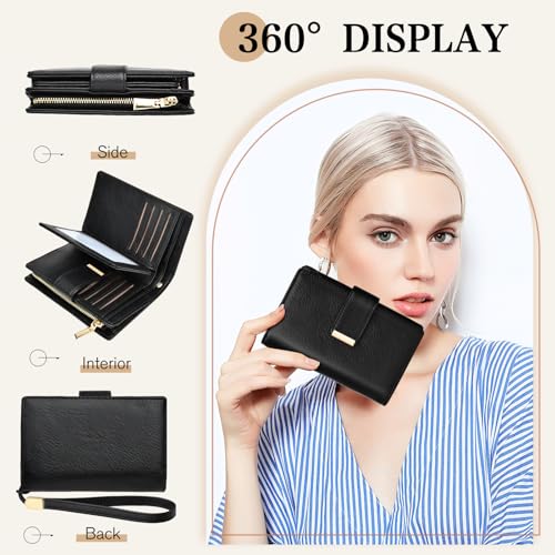 BKNOOU Small Wallets for Women RFID Blocking Leather Wristlet Wallet Ladies Wallet Card Holder Compact Bifold Wallet with Coin Pocket (Black) 5