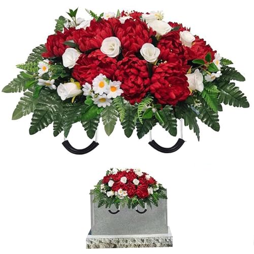 Muzrunq Sillín de Flores para lápida, Flores de Seda para Cementerio, 28, 5 x 22 Pulgadas, Margaritas Rosas realistas, decoración para tumbas de Cementerio, para lápidas, para tumbas