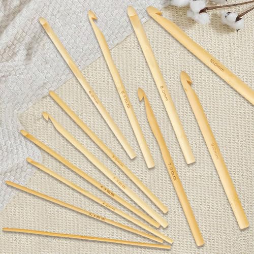 Image of CALFOVERA 12PCS 5.9 Inch Single Point Bamboo Crochet Hooks Kit 12 Size Wooden Knitting Needles Bamboo Knitting Needles Set for Handmade DIY Making Sweater Yarn Projects(3 to 10mm)