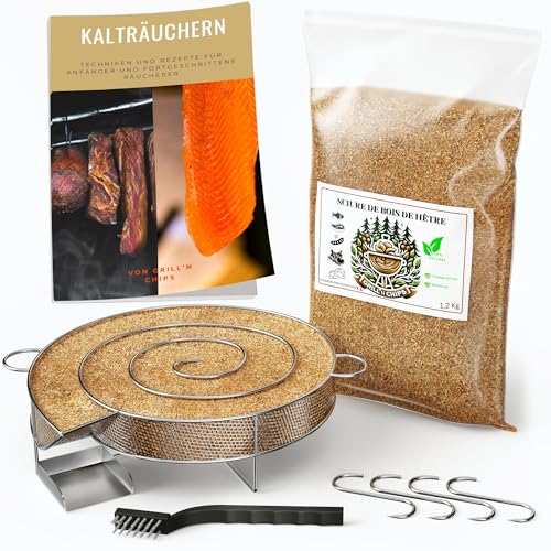 Kaltrauchgenerator/Räucherschnecke für Räucherofen + 1,2 kg Räuchermehl Buche + 4 Fleischhaken & Reinigungsbürste – Edelstahl-Spirale für Fleisch, Fisch, Wurst – Inkl. PDF-Ratgeber (Gratis)