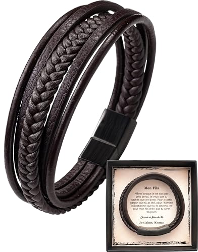 Zinello Design Cadeau Fils - Bracelet Cuir Homme Personnalisé avec Message d'Amour | Fermoir Magnétique Acier | Anniversaire Noël Ado Garçon
