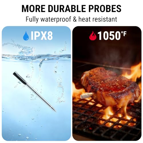 Image of TempPro 500ft Wireless Meat Thermometer for Cooking, Long & Short Colored Probes Bluetooth Meat Thermometer for Kitchen Oven Smoker, Rechargeable Meat Probe for Backyard Grill