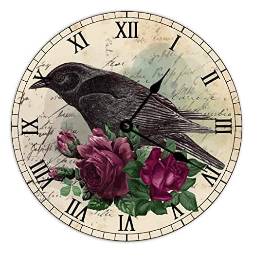 Vintage French Country Wall Clock, 12 Inch, Battery Operated, Silent Quartz Sweep Movement, Wooden Wall Decor, Perfect for Kitchen, Living Room, Bedroom, Office