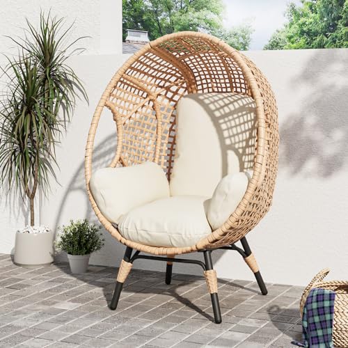 CHINNLUU Outdoor Egg Chair for Patio, 500lbs Extra-Large Chair with Stand Outside, Oversized Wicker Chair for Backyard, Porch, Livingroom, Poolside