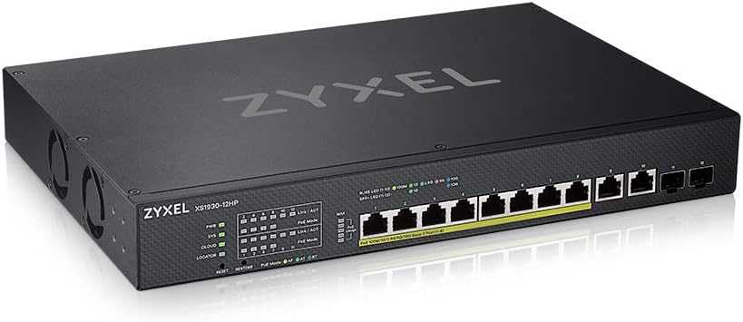 Zyxel 8-Port Multi-Gig + 2 10G Copper + 2 10G Fiber NebulaFlex Smart Managed PoE++ Switch with 375W. [XS1930-12HP] | 8x PoE++ with 375W Budget + 2x 10G RJ-45 + 2x 10G SFP+, Smart Managed L3, 5-Colour LED Indicators, Smart Fan, NebulaFlex
