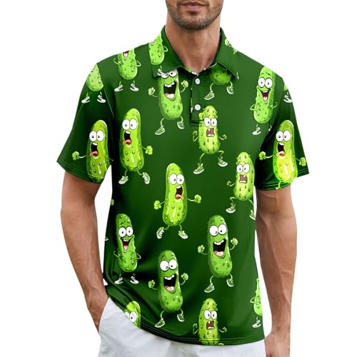 Zando Funny Golf Polo Shirts For Men - Green Cucumber Moisture Wicking Quick Dry Breathable Short Sleeve Outfit Top for Date & Casual Wear & Sports Small