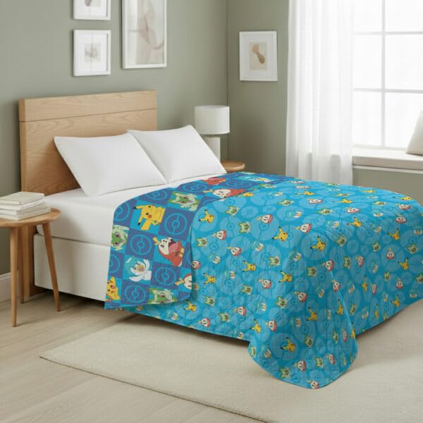 Image of Pokemon Power Squares Full /Queen Quilted Throw Blanket Adults Boys Girls, Soft Lightweight Bedding for Bed, or Couch, 90 x 90 inches