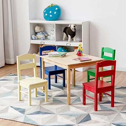 GYMAX Kids Table with 4 Chairs, 5-Piece Children Desk & Chair Set, Wooden Toddler Activity Furniture for Playing Learning Eating