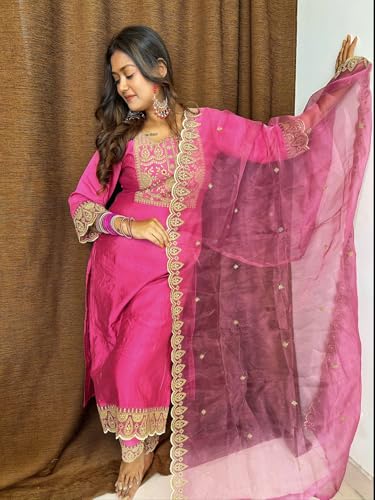 Image of VredeVogel Women's Silk Blend Embroidered Kurta with Pant & Silk Chiffon Dupatta Set
