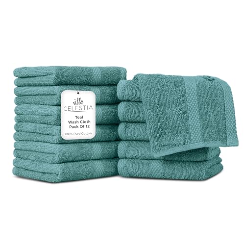 Image of Villa Celestia Cotton Washcloths Set of 12, 12x12 Inch, 100% Ring-Spun Combed Cotton, Soft Absorbent Quick-Dry Wash Cloths for Face and Body, Oeko-TEX Certified, Hotel & Spa Quality, Teal