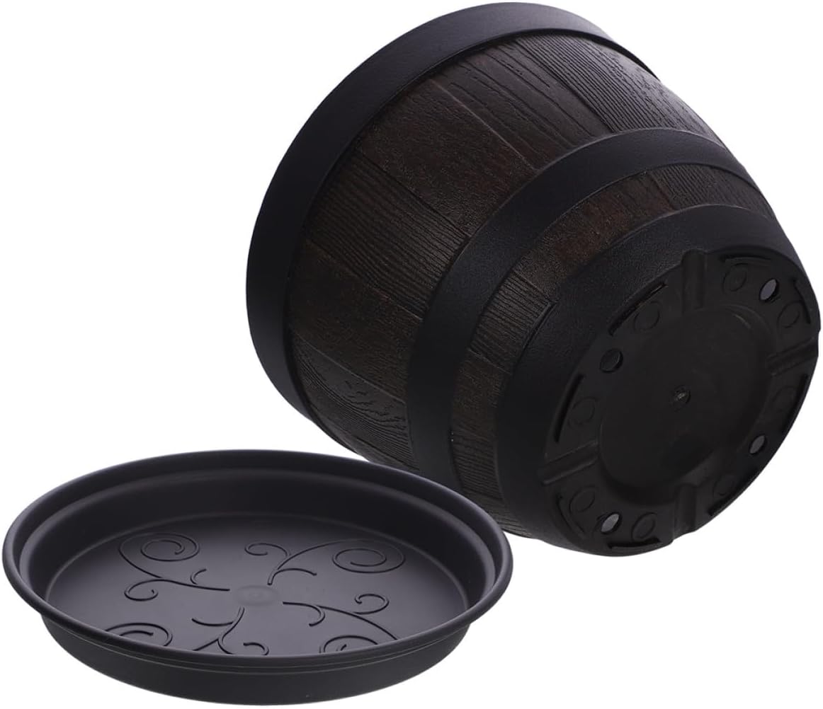 Wood Grain Plastic Planter Pot with Drainage Tray, 11.3-inch Round Flower Planting Container for Indoor Outdoor Garden Use