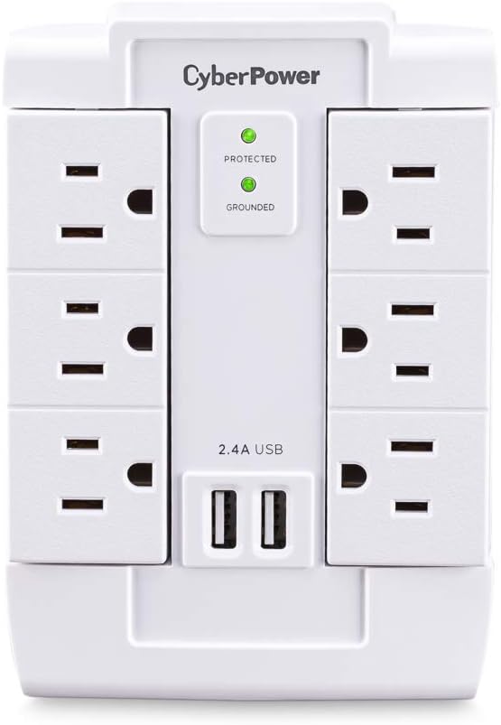 CyberPower CSP600WSURC2 Surge Protector, 1200J/125V, 6 Swivel Outlets, 2 USB Charging Ports, Wall Tap Design, White