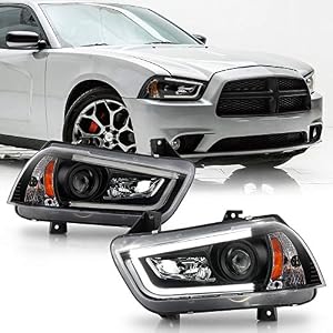 ACANII - For [HID Model] 2011-2014 Dodge Charger LED DRL Tube Black Housing Projector Headlights Headlamps Assembly
