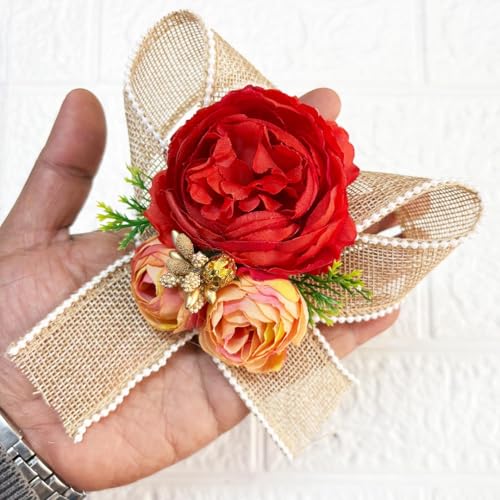 ADIKALA™ Handmade Artificial Big Peonies 3 Flower Bunch for Trousseau Packing, Ready to use Flower Brooch Hamper for Decoration, Gift Wrapping Flowers (3, Rust)