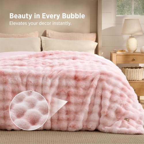 Image of Bedsure GentleSoft Bubble Faux Fur King Size Blanket for Bed, Fluffy Fuzzy King Blanket for Winter, Soft Cozy Faux Fur Bedding Thick Warm Plush Decor for Bedroom, Tie-dye Pink, 104x90