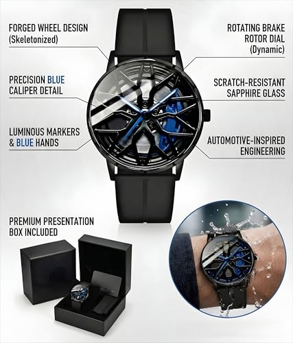 Image of Oculus Men's 3D Car Wheel Rotating Watch, Luxury Sport Quartz with Hollow Hub Dial, Magnetic Silicone Strap, Automotive-Inspired Design, Black Magnetic Straps