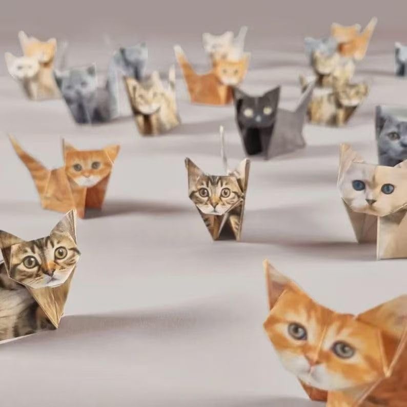 3D Origami Paper Cats, 100 Sheets DIY Origami Paper， Fun Creative Art Project, Desk Decor and Gift for Pet Lovers (Cat Design)