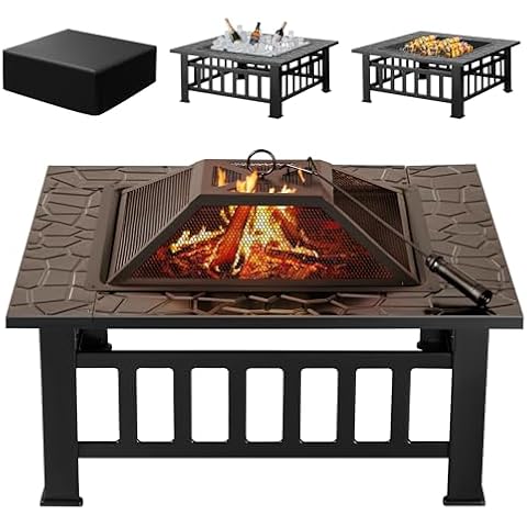 Devoko Outdoor Fire Pit, 32 Inch Firepit Table Metal Outdoor Fireplaces with Waterproof Cover for Outside Patio Camping (Black) Cover