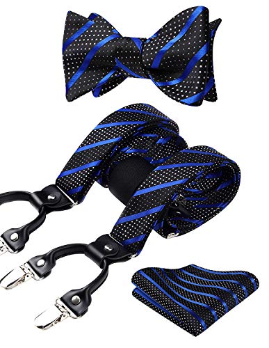 HISDERN Suspenders and Bow Tie for Men Adjustable Stripe Suspender Self Bowtie Pocket Square Set Strong 6 Clips Y Back Mens Braces Wedding Party