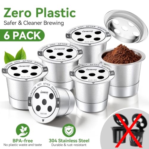 Image of CAPMESSO Reusable K Cups for Keurig: 6 Pack 5 Hole All Stainless Steel Pods | Fits K Supreme K Slim K Duo Gen2 includes scoop no plastic taste brew cups back to back before washing easy rinse /rich coffee