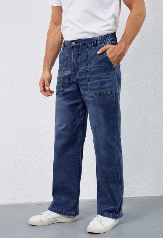 Men's Elastic Waist Baggy Jeans Stretch Denim Wide Leg Trousers Loose Fit Casual Pants - Image 5