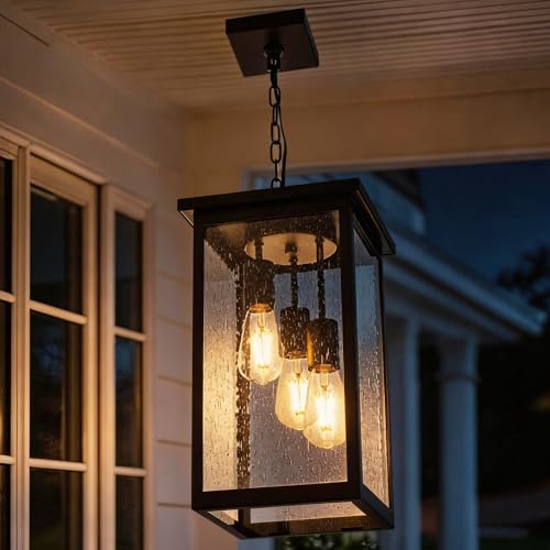 TODOLUZ 3-Lights Large Outdoor Pendant Light, Black Porch Ceiling Lighting Fixtures with Seeded Glass Panel, Exterior Hanging Lantern Adjustable Chain for Yard Entryway Patio by TODOLUZ - Image 2
