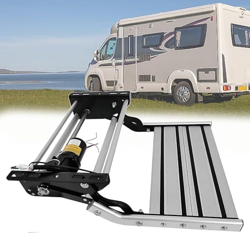Electric Folding Steps for RV & Camper - 12V Quiet Waterproof Motor, 80W, 200KG Capacity, LED Light, Universal Double Layer Platform, Easy Installation, Durable Design