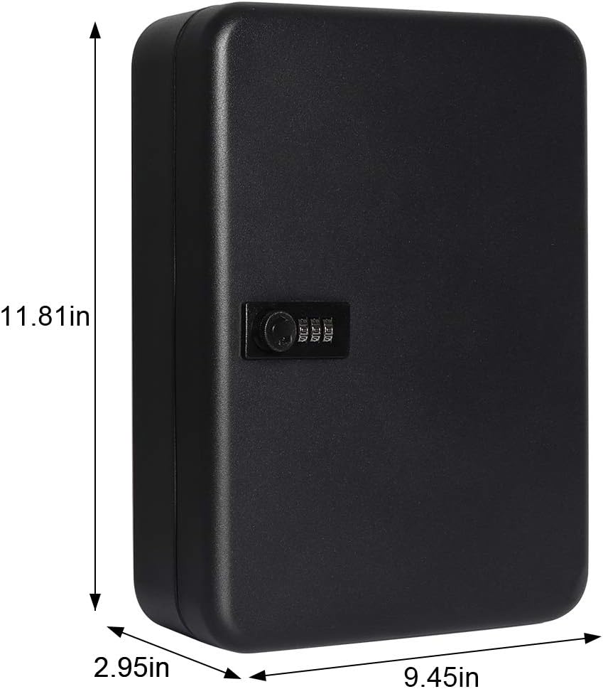 Jssmst Wall Mount Key Storage Box with Code, Locking Key Cabinet Security, 48 Key Hooks & Tags Labels, 11.81 x 9.45 x 2.95 inches, Black Matt