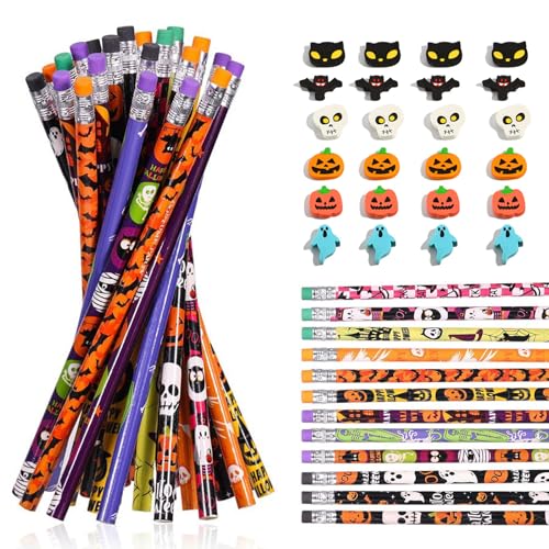 48 Stück Bleistifte Kinder Halloween Stifte, Halloween Geschenke Mitgebsel, 24 Bleistifte Und 24 Radiergummi In 6 Verschiedenen Designs, Ideal Für Halloween Party, Schule Und Klassenzimmer Belohnungen