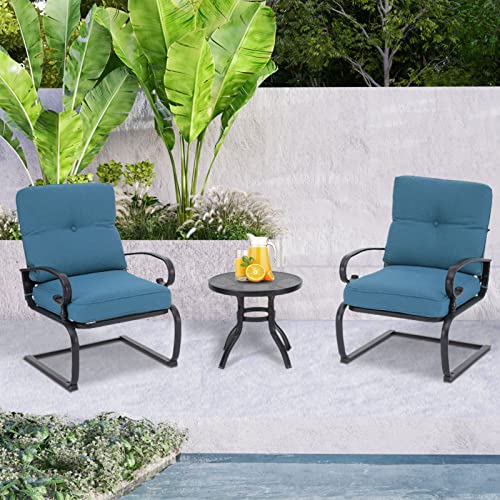 Incbruce Outdoor Furniture 3Pcs Patio Bistro Set, Springs Motion Chairs And Bistro Round Table Set, Metal Small Patio Conversation Set With Cushions (Peacock Blue) #TOP1