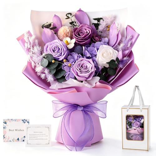 Dalkren Preserved Flowers Bouquet with Real Purple Roses, Forever Flower Arrangement, Long Lasting...