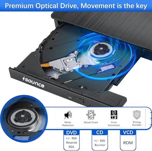 Image of Sounce External DVD Drive USB 3.0 & Type-C CD Burner, Slim Portable Optical Drive CD /DVD ROM + /-RW Rewriter Compatible with Laptop, PC, MacBook, Desktop, Notebook, Windows, Linux Mac OS - Black