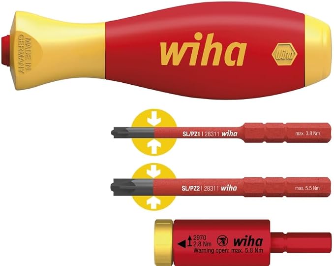 Wiha Juego de adaptadores de par de apriete easyTorque electric 2,8 Nm con soporte slimVario y slimBits SL/PZ, de 4 unid. (41478)