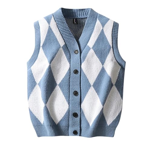 Mens Sleeveless Argyle Sweater Vest V-Neck Casual Knit Button Down Cardigan Vest Lightweight Slim Fit Vest Blue