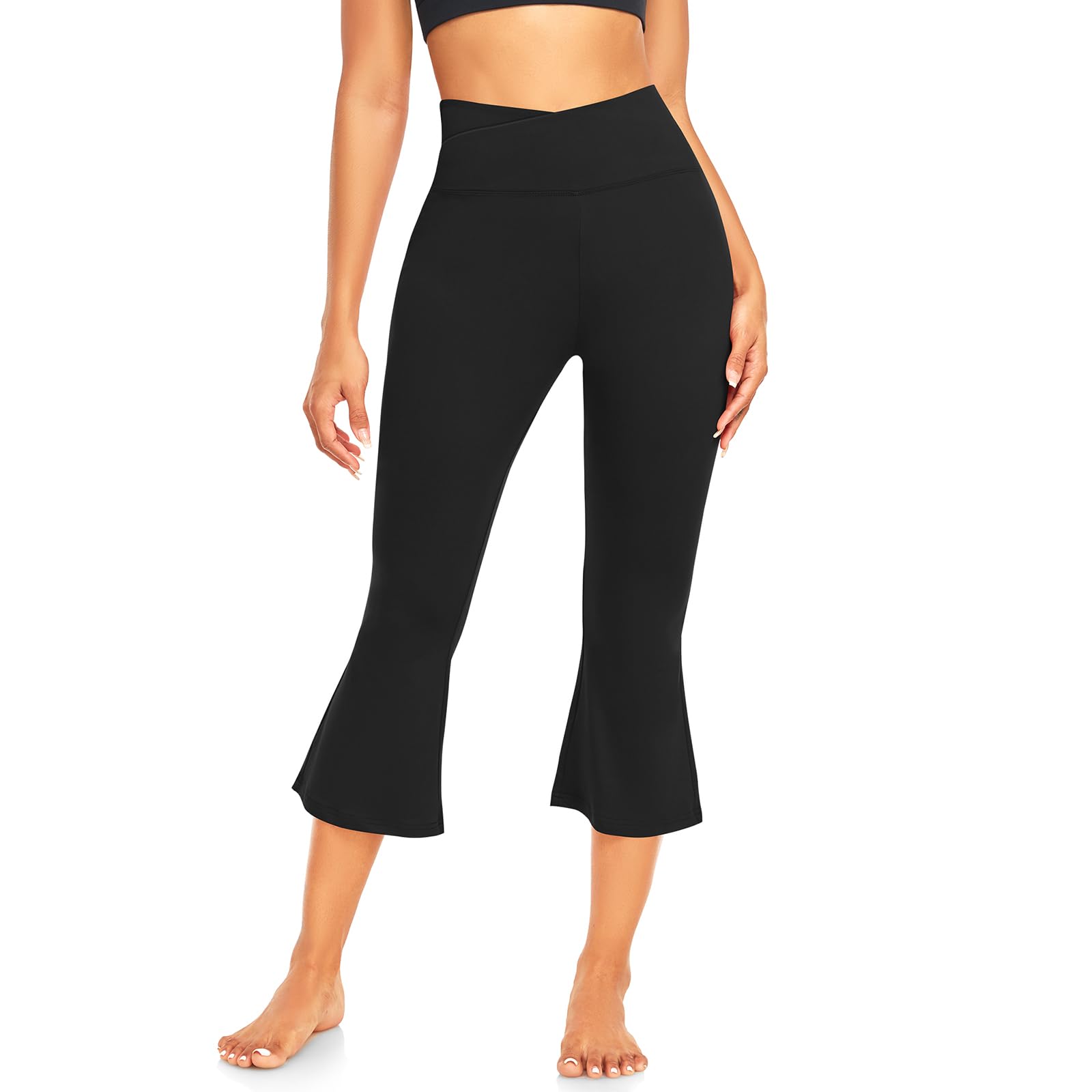 Yogahose Damen Flared Leggings Schlaghose Cross Waist Bootcut Hosen Damen 3/4 Sporthose Bootcut Jogginghose Capri Jazzpants Fitnesshose Kurzgröße(Schwarz,M)