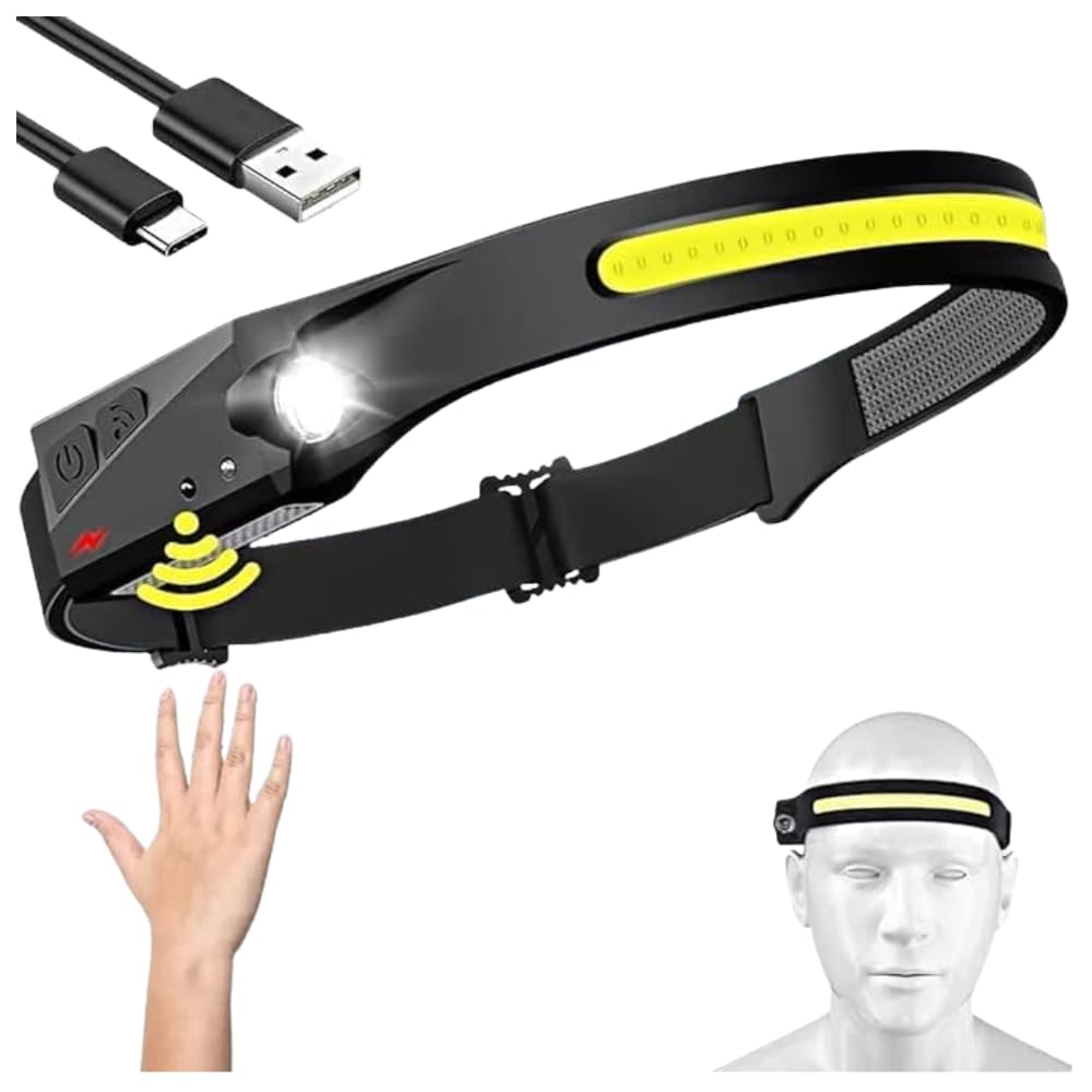 2-in-1 LED Headlamp Flashlight with Motion Sensor, Rechargeable Waterproof Headlight Torch with Adjustable Headband for Camping, Hiking, Cycling, Fishing